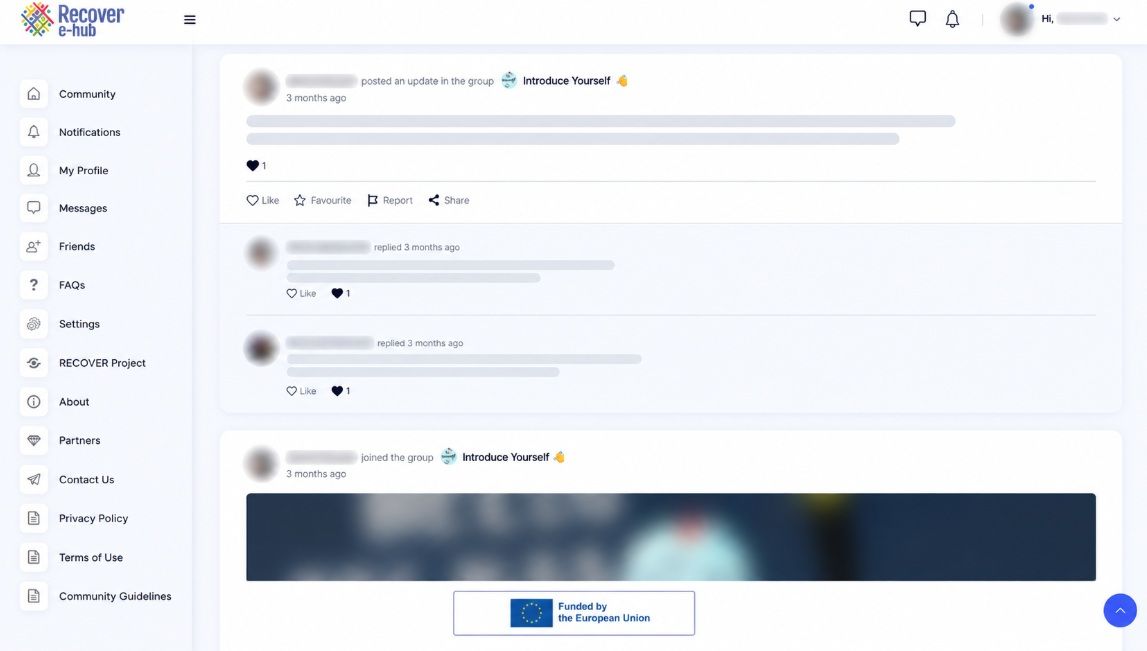 RECOVER e-Hub bendruomenės veiklos srautas su grupių įrašais, komentarais ir bendruomenės sąveikos funkcijomis.