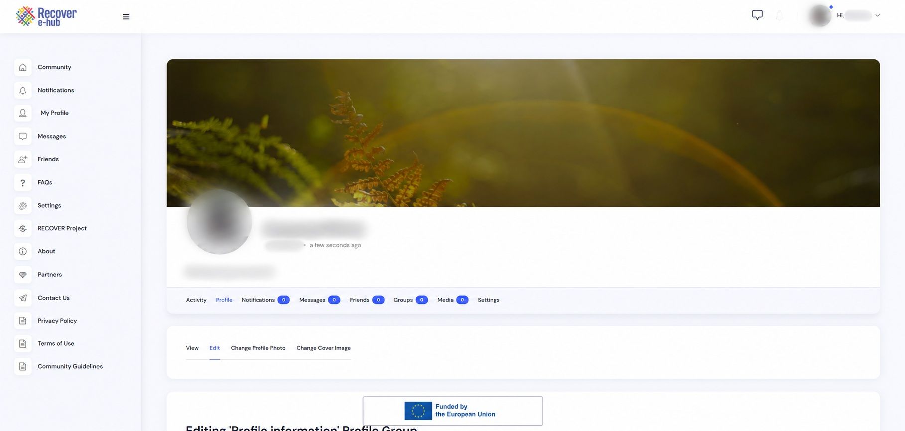 RECOVER e-Hub nario profilio sritis su profilio, veiklos, grupių ir paskyros valdymo funkcijomis.