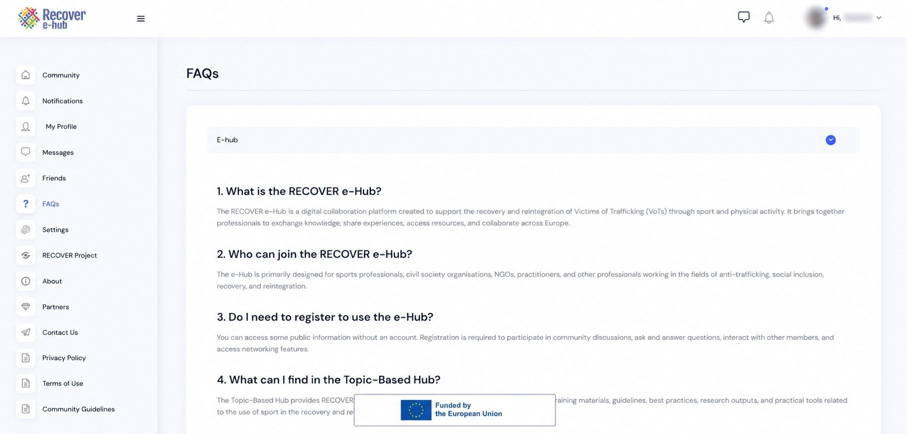 RECOVER e-Hub DUK sritis su informacija apie platformą, registraciją ir bendruomenės funkcijas.